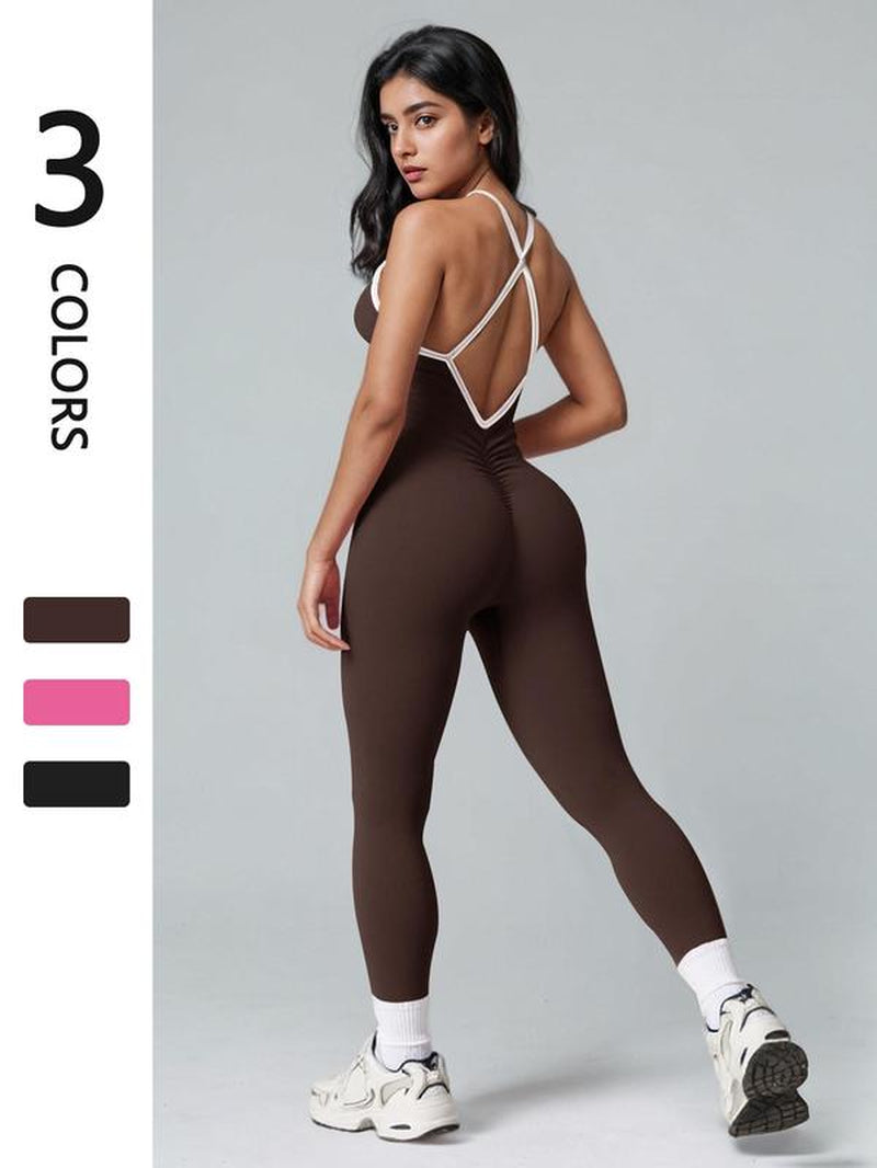 Women'S Contrast Binding Sports Jumpsuit, Sporty Comfortable Breathable Backless Sleeveless Butt Lifting Jumpsuit for Yoga Gym Workout, Athleisure Style Ladies Sportswear for All Seasons, Gym Wear, Sporty Comfy Jumpsuit, Yoga Jumpsuits, Fitness Activewear