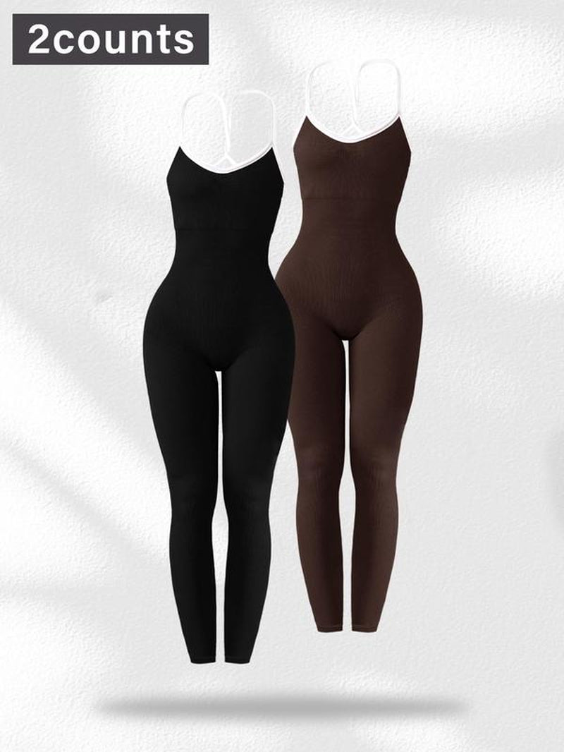 Women'S Contrast Binding Sports Jumpsuit, Sporty Comfortable Breathable Backless Sleeveless Butt Lifting Jumpsuit for Yoga Gym Workout, Athleisure Style Ladies Sportswear for All Seasons, Gym Wear, Sporty Comfy Jumpsuit, Yoga Jumpsuits, Fitness Activewear