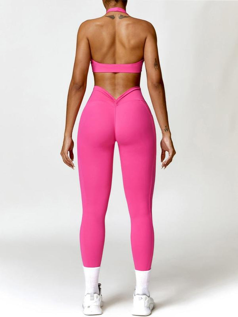 Women'S Solid Backless Halter Crop Top & High Waist Pocket Leggings Tracksuit Set, Sporty Casual Breathable Quick Drying Outfits for Yoga Gym Workout Running, Ladies Sportswear for All Seasons