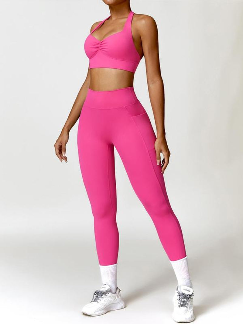 Women'S Solid Backless Halter Crop Top & High Waist Pocket Leggings Tracksuit Set, Sporty Casual Breathable Quick Drying Outfits for Yoga Gym Workout Running, Ladies Sportswear for All Seasons