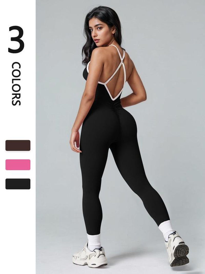 Women'S Contrast Binding Sports Jumpsuit, Sporty Comfortable Breathable Backless Sleeveless Butt Lifting Jumpsuit for Yoga Gym Workout, Athleisure Style Ladies Sportswear for All Seasons, Gym Wear, Sporty Comfy Jumpsuit, Yoga Jumpsuits, Fitness Activewear