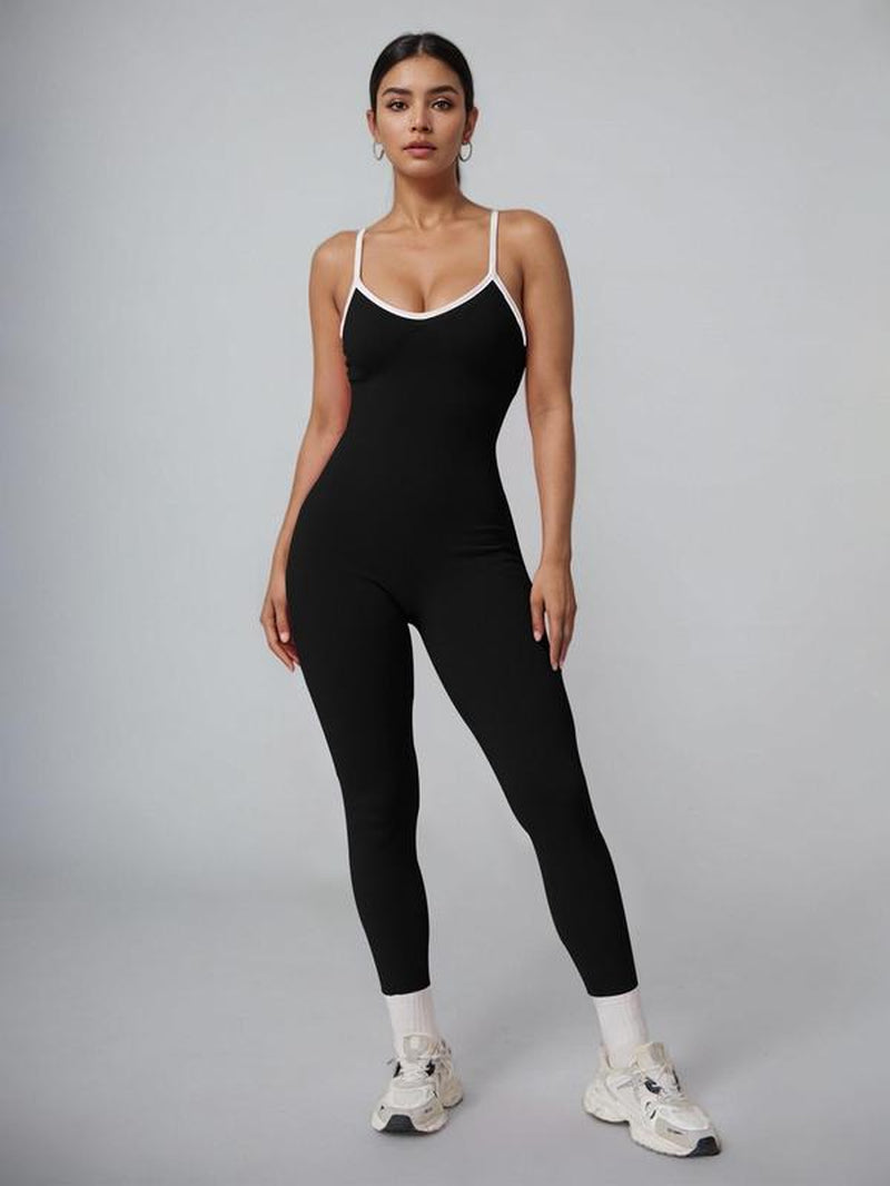 Women'S Contrast Binding Sports Jumpsuit, Sporty Comfortable Breathable Backless Sleeveless Butt Lifting Jumpsuit for Yoga Gym Workout, Athleisure Style Ladies Sportswear for All Seasons, Gym Wear, Sporty Comfy Jumpsuit, Yoga Jumpsuits, Fitness Activewear