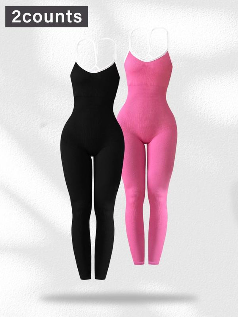 Women'S Contrast Binding Sports Jumpsuit, Sporty Comfortable Breathable Backless Sleeveless Butt Lifting Jumpsuit for Yoga Gym Workout, Athleisure Style Ladies Sportswear for All Seasons, Gym Wear, Sporty Comfy Jumpsuit, Yoga Jumpsuits, Fitness Activewear