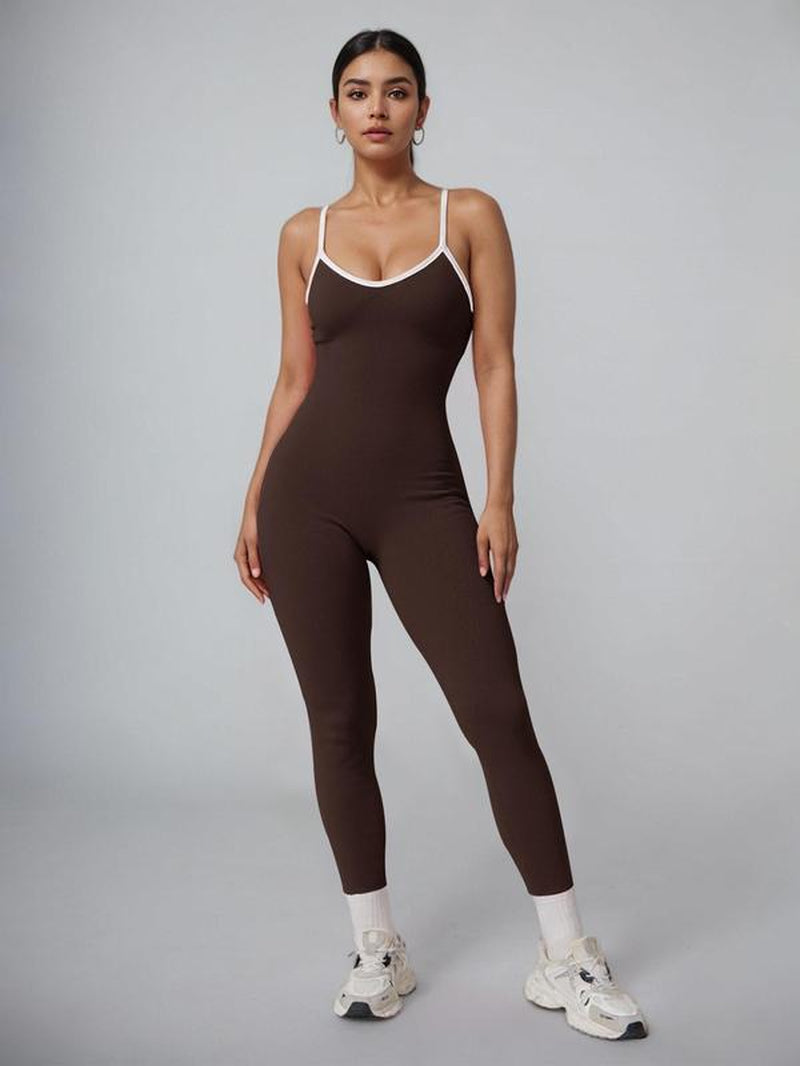Women'S Contrast Binding Sports Jumpsuit, Sporty Comfortable Breathable Backless Sleeveless Butt Lifting Jumpsuit for Yoga Gym Workout, Athleisure Style Ladies Sportswear for All Seasons, Gym Wear, Sporty Comfy Jumpsuit, Yoga Jumpsuits, Fitness Activewear