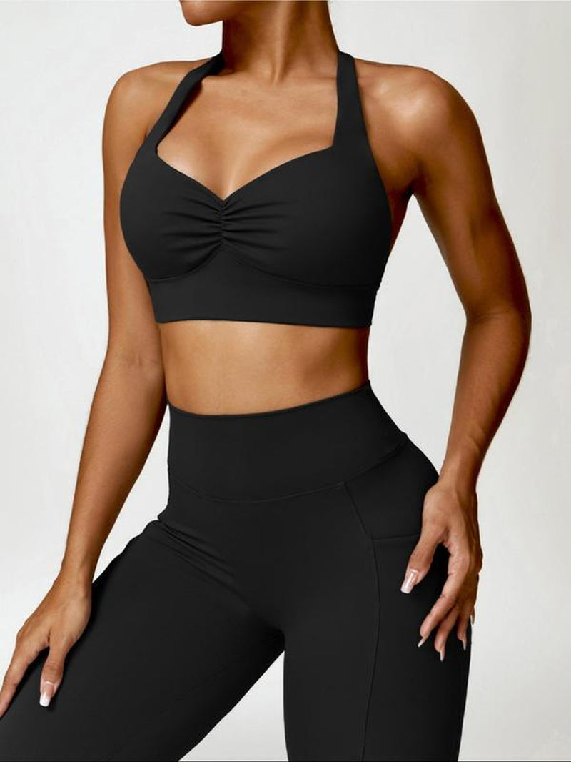 Women'S Solid Backless Halter Crop Top & High Waist Pocket Leggings Tracksuit Set, Sporty Casual Breathable Quick Drying Outfits for Yoga Gym Workout Running, Ladies Sportswear for All Seasons