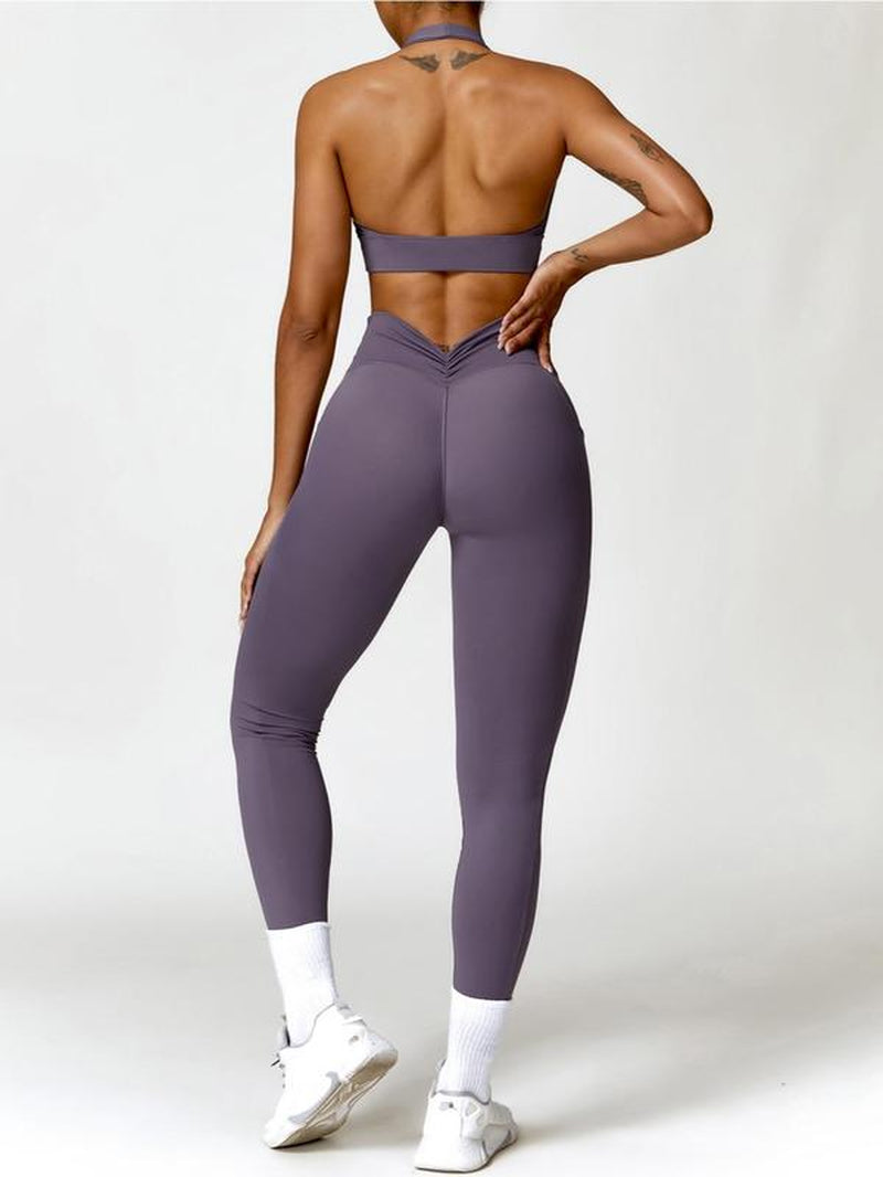 Women'S Solid Backless Halter Crop Top & High Waist Pocket Leggings Tracksuit Set, Sporty Casual Breathable Quick Drying Outfits for Yoga Gym Workout Running, Ladies Sportswear for All Seasons