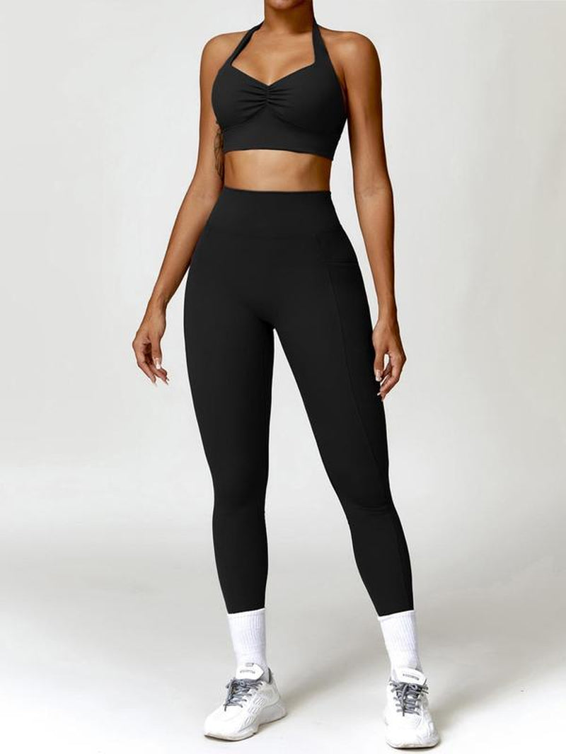 Women'S Solid Backless Halter Crop Top & High Waist Pocket Leggings Tracksuit Set, Sporty Casual Breathable Quick Drying Outfits for Yoga Gym Workout Running, Ladies Sportswear for All Seasons