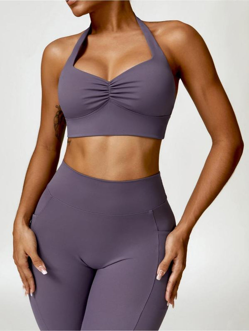 Women'S Solid Backless Halter Crop Top & High Waist Pocket Leggings Tracksuit Set, Sporty Casual Breathable Quick Drying Outfits for Yoga Gym Workout Running, Ladies Sportswear for All Seasons