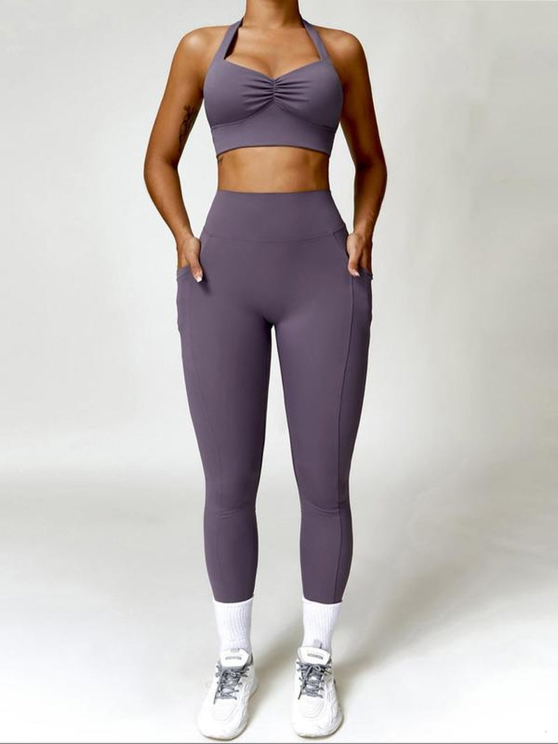 Women'S Solid Backless Halter Crop Top & High Waist Pocket Leggings Tracksuit Set, Sporty Casual Breathable Quick Drying Outfits for Yoga Gym Workout Running, Ladies Sportswear for All Seasons