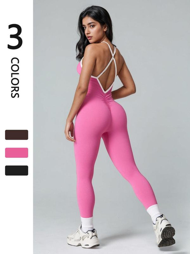 Women'S Contrast Binding Sports Jumpsuit, Sporty Comfortable Breathable Backless Sleeveless Butt Lifting Jumpsuit for Yoga Gym Workout, Athleisure Style Ladies Sportswear for All Seasons, Gym Wear, Sporty Comfy Jumpsuit, Yoga Jumpsuits, Fitness Activewear