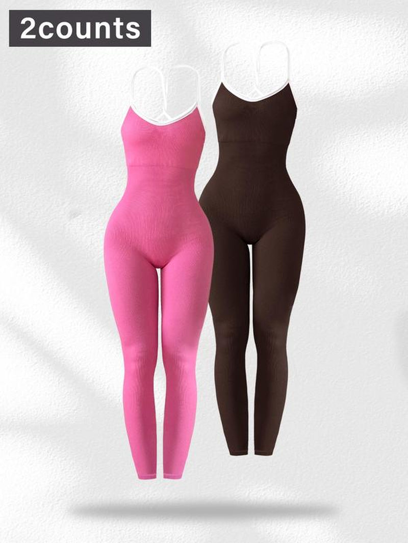 Women'S Contrast Binding Sports Jumpsuit, Sporty Comfortable Breathable Backless Sleeveless Butt Lifting Jumpsuit for Yoga Gym Workout, Athleisure Style Ladies Sportswear for All Seasons, Gym Wear, Sporty Comfy Jumpsuit, Yoga Jumpsuits, Fitness Activewear